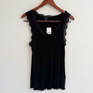 NWT Versona Black Lace Trim Tank Top L Soft Girl Chic Romantic Feminine Layering